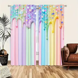 2-piece set of rainbow striped curtains, lively cartoon pattern curtains, printed curtains - window rod bag design suitable for living room and bedroom decoration, machine washable polyester material bedroom curtains