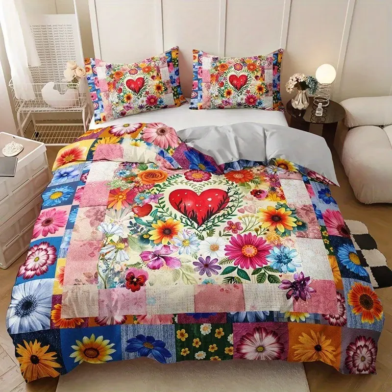 3-Piece Country Style Floral Heart Decorative Duvet Cover Set, 1 Duvet Cover + 1-2 Pillowcases (no Pillows), High-Quality Print, All Seasons Home Dorm Use