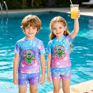 Toddler Kids 250th Anniversary Patriotic Monster Rash Guard Set, Boys Girls Quick Dry American Flag Two‑Piece Short Sleeve Swimsuit, 4th of July Summer Beach Pool Swimwear