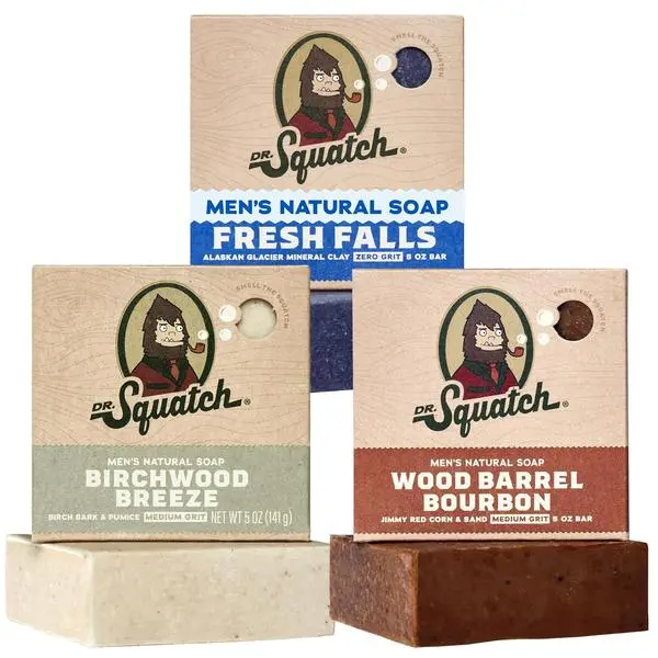 Dr. Squatch Natural Men’s Bar Soap - Cold Process Body Soap Bar with Natural Oils - Gifts for Men - Birchwood Breeze, Fresh Falls & Wood Barrel Bourbon (5 oz, 3-Pack)