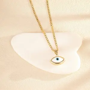 14K Solid Gold Evil Eye Necklace 2mm Diamond Cut Chain 16” 18” Protection Pendant Real Gold Elegant Timeless Gift for Everyday Wear