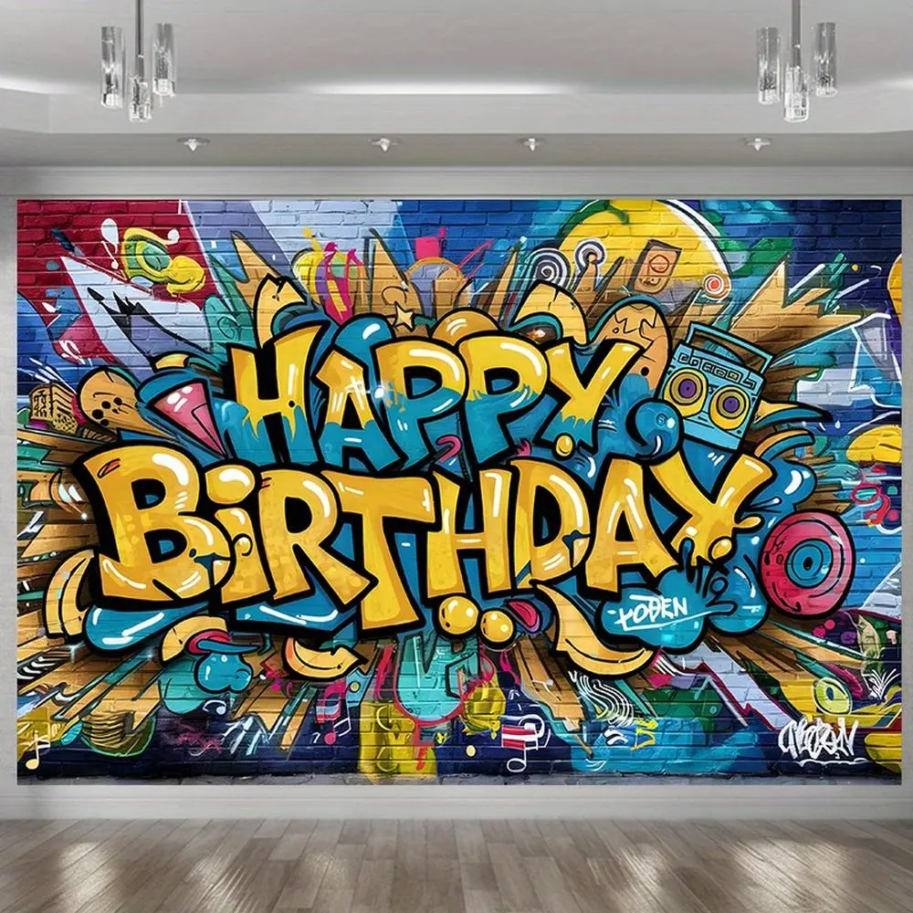 Modern Farmhouse 1pc Retro Happy Birthday Graffiti Backdrop - Amber Glow Banner with Bold Typography, Hip Hop Rock Birthday Party Decoration, Home Wall Decoration