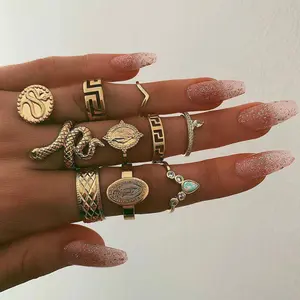 10pcs Exaggerated Ring Pack: Buddha Engraving, Snake Design + Diamond Accents – Ideal for Trendy Women, Great for Birthday & Holiday Gifting