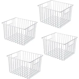 Freezer Organizer Bin, Wire Basket, Pantry Cupboard Container Divider with Handles,, Closet, Bedroom, Office, Rustproof - White(4)