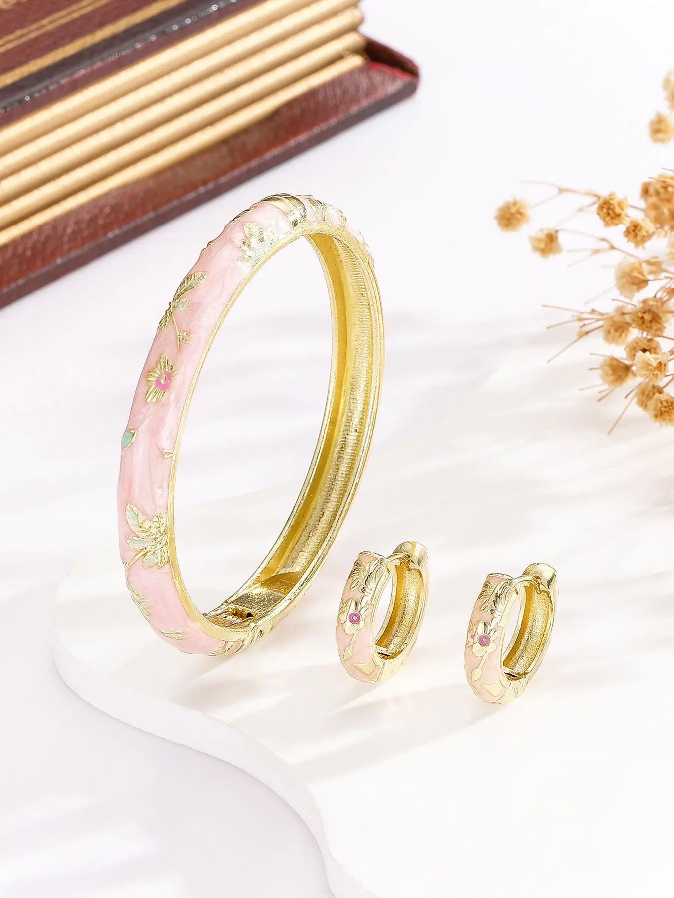 Elegant Women's Cloisonné Enamel Floral Vintage Matching Fashion Jewelry Set, Includes Earrings & Bracelet, Handcrafted Craftsmanship, Perfect Gift Idea