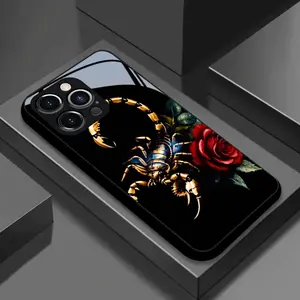 Golden Scorpion Rose Pattern Tempered Glass Phone Case Casing for iPhone Series, Anti-Drop Full Coverage Design, Trendy High-End Protection, Shockproof Phone Cover