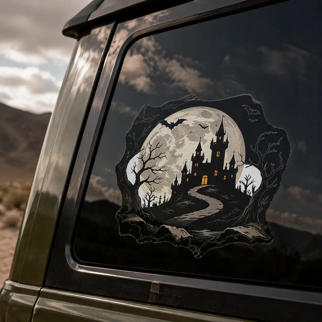 Haunted Castle Halloween Car Window Decal, Gothic Moon and Bats Vehicle Sticker