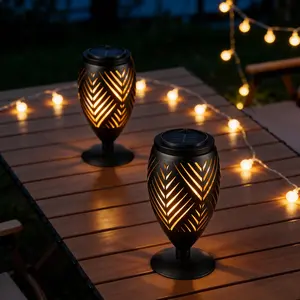 Glitzhome Set of 2 Black Metal Solar Powered Outdoor Lantern with LED Light