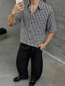 Men's Plaid Gingham Checkered Short Sleeve Shirt, Vintage Y2K Street Style, Loose Fit, Casual Daily Wear, Campus Commute, Party, Personalized Look, Menswear