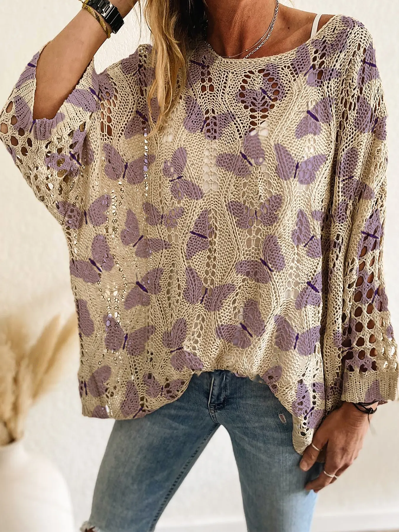 Spring Summer Women's Knit Top, One Shoulder Butterfly Print Long Sleeve, Loose Fit Batwing Sleeves, Casual Elegant Commuter Wear