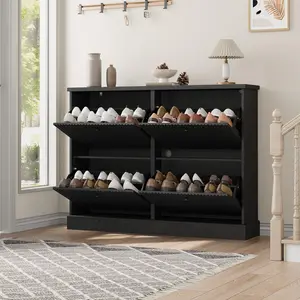 Garvee Shoe Cabinet with 4 Flip Drawers, Large Fluted Storage Cabinet with Adjustable and Removable Shelves, Modern Freestanding Narrow Shoe Organizer for Entryway, Hallway, Black