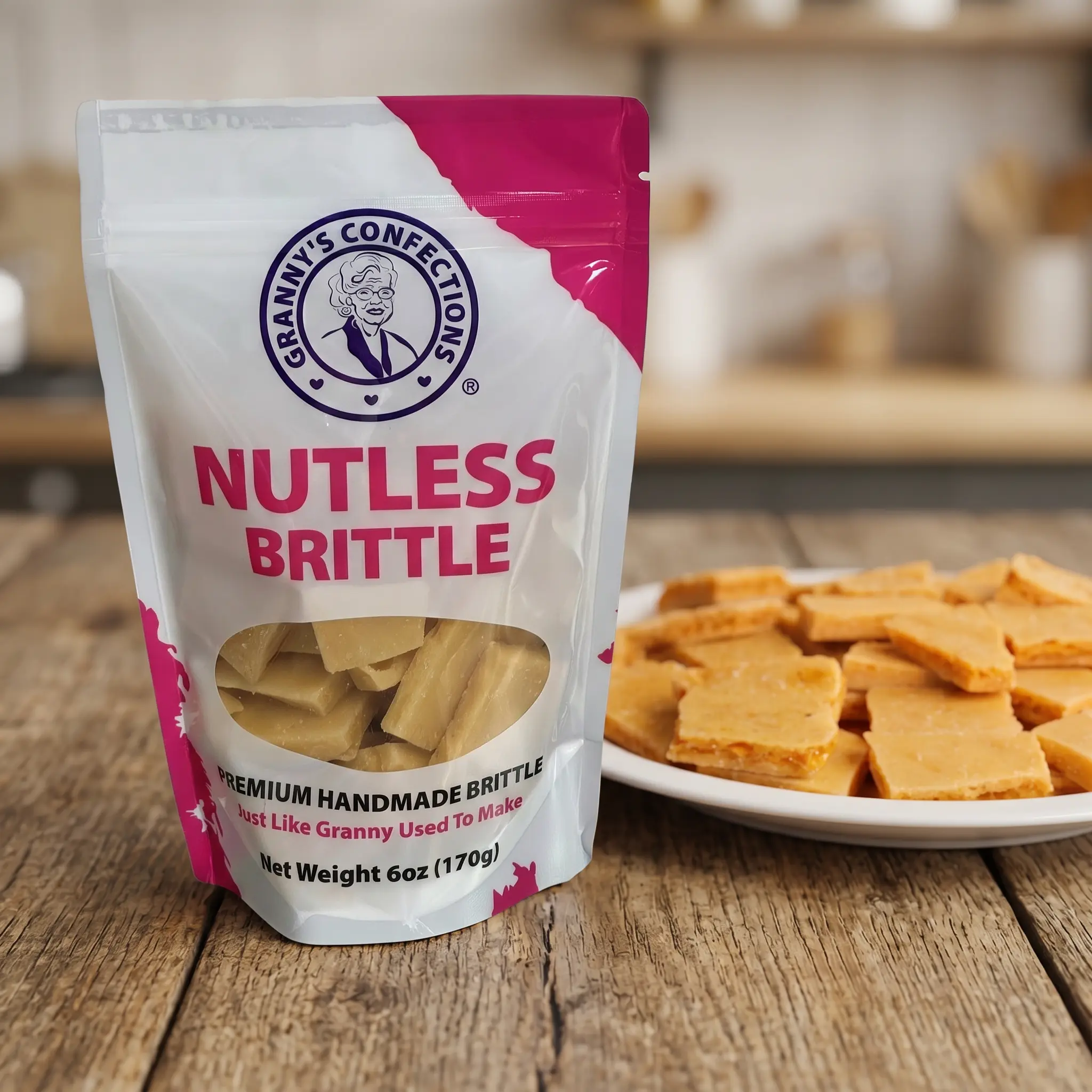 Granny's Confections Nutless Brittle Snack - 6oz (170g) Bag, Gluten Free, Trans Fat Free, Natural, Made in USA Michigan, Traditional Family Recipe, Vanilla Flavor, Pure Vanilla Extract, Baking Soda, Room Temp, No Artificial Flavors/Colors, Holiday Treat