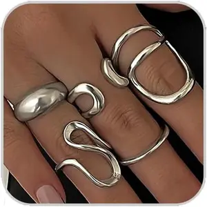 Chunky Rings Set for Women Open Stacking Knuckle Ring Silver Adjustable Round Dome Rings Set Minimalist Irregular Statement Women Ring Jewelry