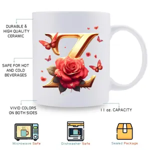 Bpa Free 11oz Ceramic Mug Featuring Alphabet and Floral Patterns Suitable for Microwave Use Portable Design Perfect for Festivals and Special Occasions