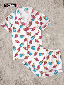 Kidcore Aesthetic Cartoon Monkey Pajama Set | Nostalgic Retro Animal Print Sleepwear | Soft Short Sleeve Button Down Lounge Outfit with Pink Piping | Cute 2-Piece Summer PJs | Fun Sleepover Gift for Girls