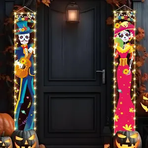 71 x 12 Inches Lighted Day of The  Backdrop for Doorway Porch, Dia De Los Muertos Sugar Skull Mexican Theme Outdoor Indoor Door Wall Welcome  Door LED Banner Decorations Party Supplies
