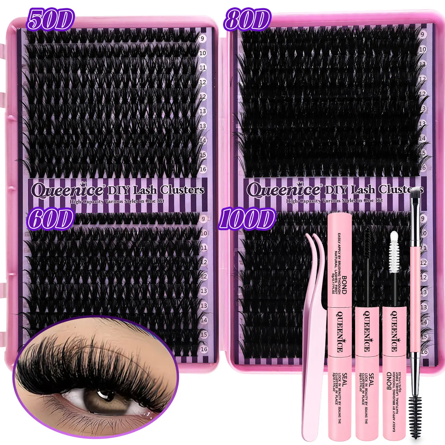 DIY Beginner Eyelashes Extension Set, D Curl Lash Cluster, 30D-150D Mixed Density, 8-16mm Mixed Lengths, Lightweight Soft Fluffy Natural Look Cosmetic, Glue Lash Clusters False Eyelashes Kit (1 Kit)