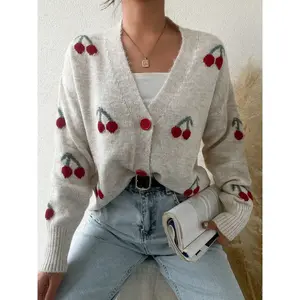 Women’s V-Neck Loose-Fit Sweater, Cute Floral Cherry Pattern Button-Front Cardigan, Autumn & Winter Medium-Weight Knitted Top, Women’s Knitwear Casual