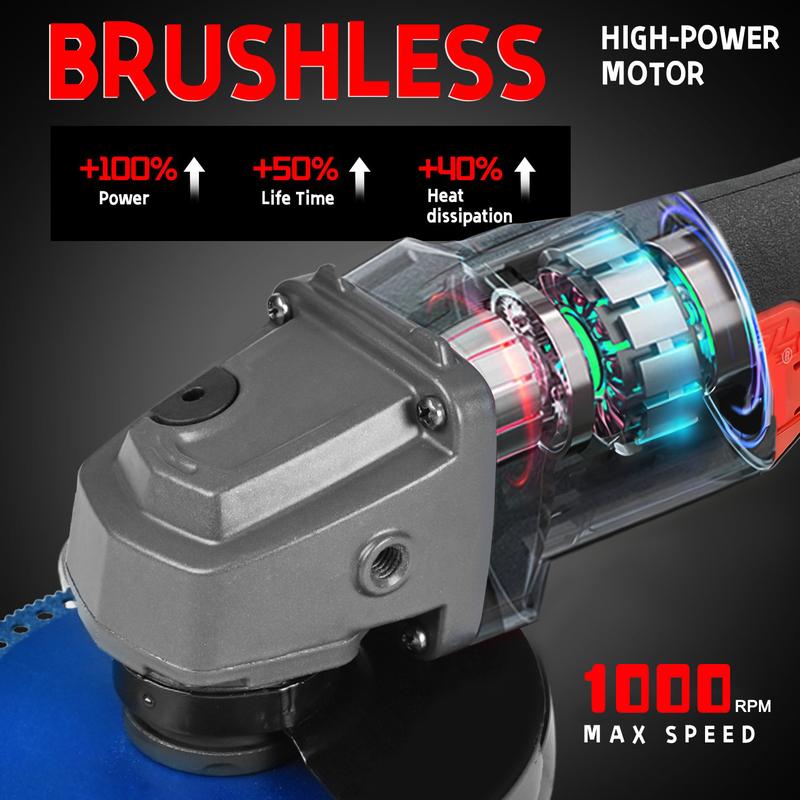 4-1/2 inch angle grinder – Cordless design, suitable for metal cutting – Rust-resistant, removable safety guard – Stainless steel/rubber handle