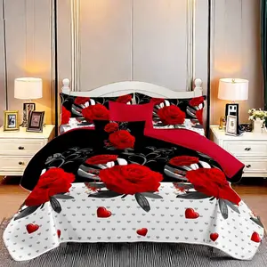 【Memorial Day Sale】Roses Patterned Designs 9 Piece Luxury Bedding Set Romantic Bedspread |  Super Soft Comfortable Microfiber Colchas Aesthetic Floral Pattern Duvet Cover Set | Cover Curtain Machine Washable Queen King CAL-KING Size