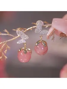 Korean Japanese Style Pink Rhinestone Pearl Butterfly Cat Eye Stone Earrings for Women Trendy Minimalist Fashion Jewelry Elegant Daily Wear Accessory
