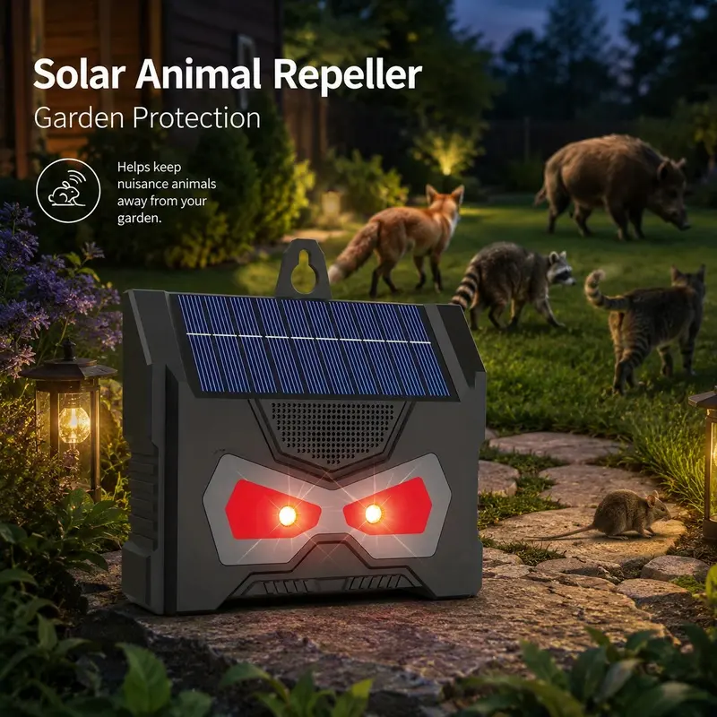 SAIJZEK Solar-Powered Rechargeable Animal Repeller, 500mAh Lithium Battery Ultrasonic Deterrent with Dual-Color LED Breathing & Flashing Modes, 125g Outdoor Pest Control Device for Deer, Weasels, Garden Protection, Farms
