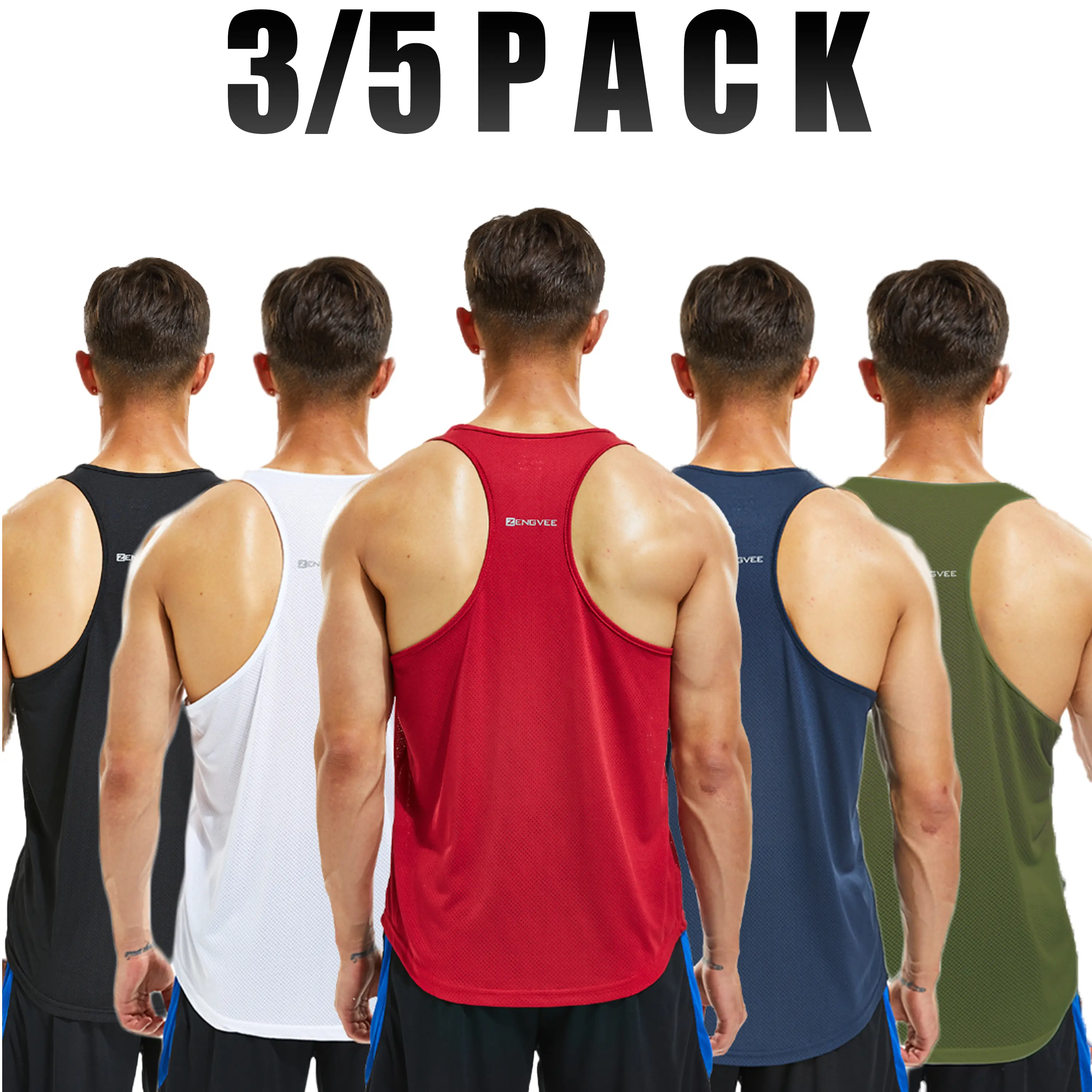 Men's 3/5 Pack Y-Back Workout Tank Tops, Quick Dry Polyester Stringers for Bodybuilding, Gym Fitness, and Running, Outdoor