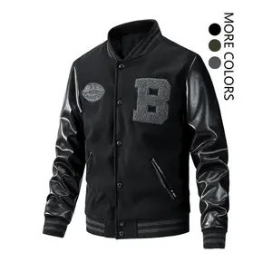 Men's Letter Patched Pocket Button Front Varsity Jacket, Casual Regular Fit?Long Sleeve Stand Collar PU Leather Jacket Coat for Fall Winter