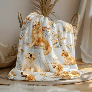 1pc Heavyweight 280gsm Flannel Blanket - Golden Retriever Dogs, Floral Greenery - Soft Cozy Throw for Couch, Bed, Camping, Office, Car - Machine Washable All-Season Pet Lover Gift - Home Decor for Dog Owners, Dog Blanket
