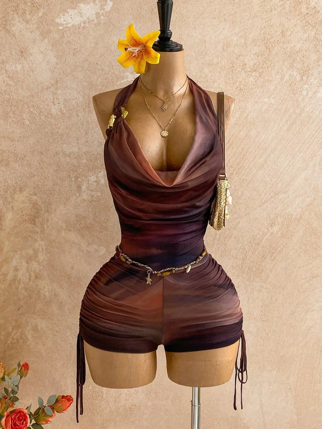 Women's Vintage Gradient Print Mesh Sleeveless Metal Decor Layered Ruffle Deep V Fit Elegant Fashion Jumpsuit, V Neck Overall, Perfect for Party, Date, Valentine's Day, Holiday, Beach, Music Festival