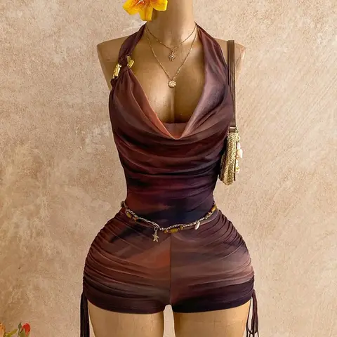 Women's Vintage Gradient Print Mesh Sleeveless Metal Decor Layered Ruffle Deep V Fit Elegant Fashion overall jumpsuits, V Neck Overall, Perfect for Party, Date, Valentine's Day, Holiday, Beach, Music Festival