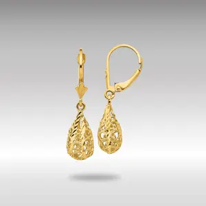 14K Gold Polished Diamond-Cut Filigree Dangle Tear Drop Leverback Earrings Model-K116