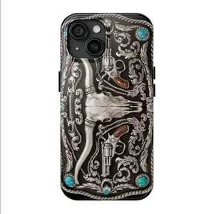 MagSafe Western Tough Phone Case, Silver Engraved Belt Buckle Design with Longhorn Turquoise and Diamonds, Wireless Charging Cover for iPhone 11-17 Pro Max Plus