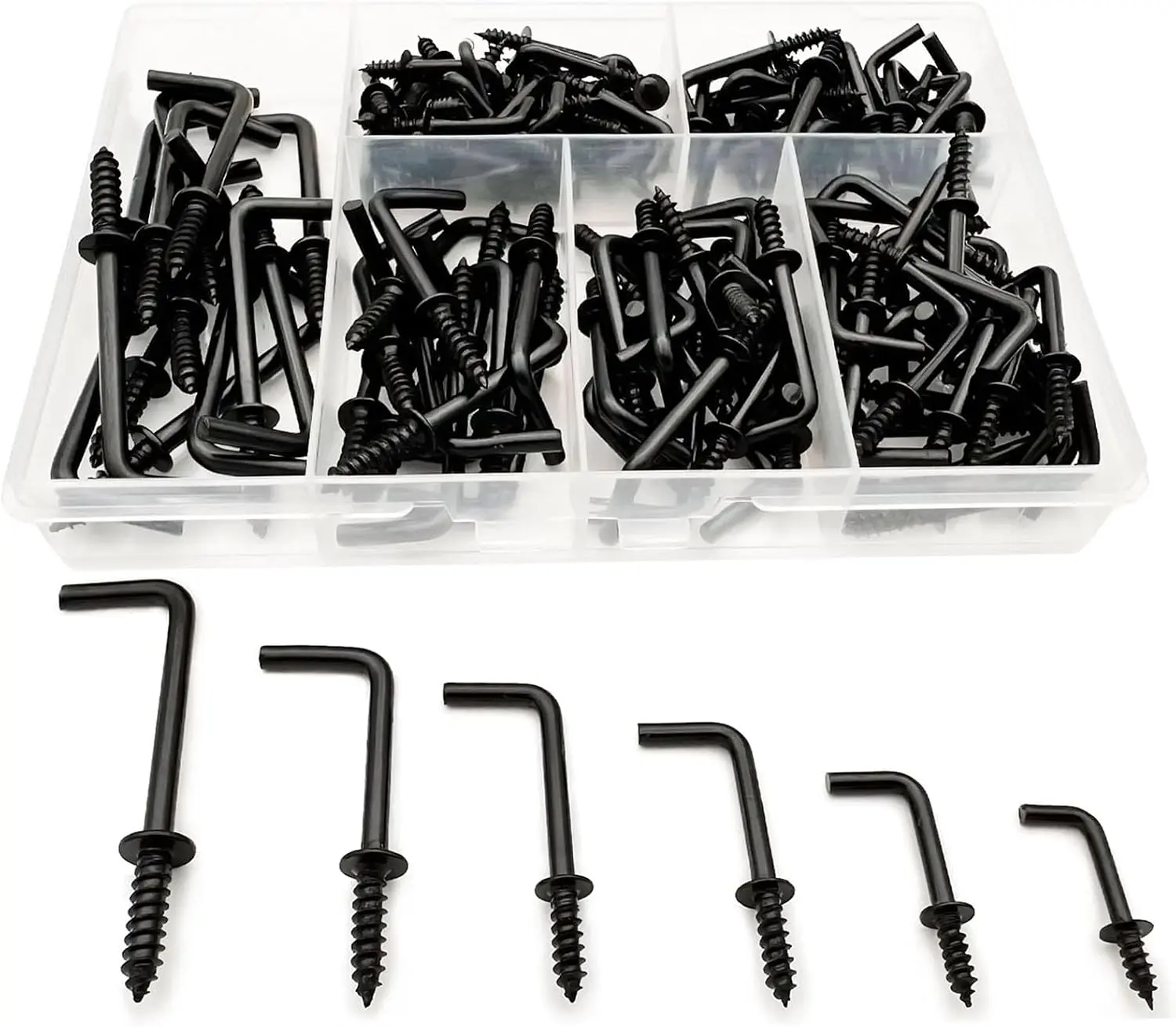 150 PCS 7 Shaped Right Angle Screw Hooks Sets,Black 6 Sizes Screw in L Shaped Hooks for Hanging Lamp,Plants,Decorations,kitchenware and DIY Crafts,(1/2",5/8",3/4",7/8",1",1-1/4")