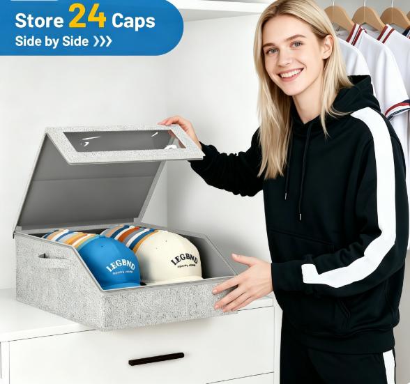 Sturdy Hat Storage for Baseball Caps, Holds up to 24 Caps Clear Hat Organizer for Closet, Bedroom, Wide Hat Box with Cardboard (Grey)