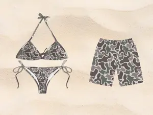 Modern Abstract Camo Matching Swimwear Set - Couple Beachwear - Camouflage Bikini for Women and Men's Swim Trunks - Matching Couple Swimsuit - Hunter Style Beach Outfits