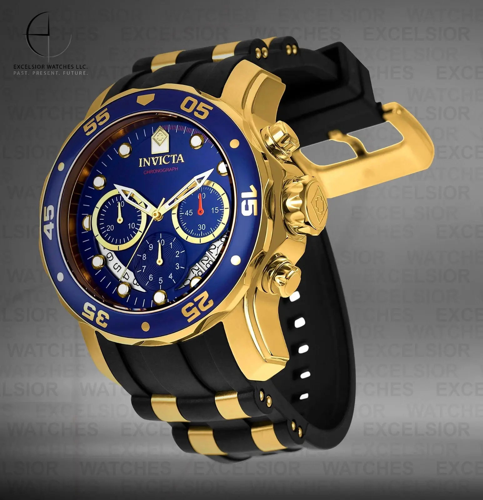 Invicta Mens 48mm PRO DIVER SCUBA Chronograph BLUE Dial 18K Gold Plated SS Watch