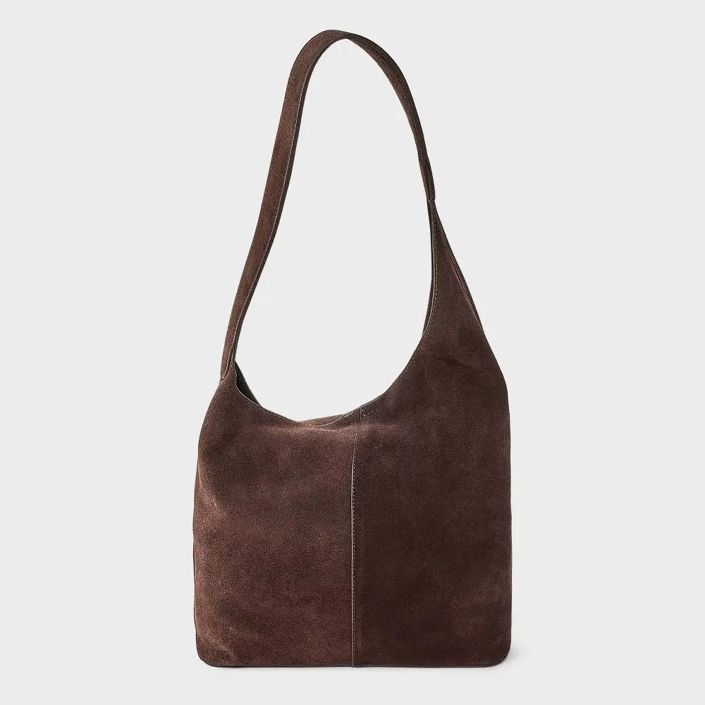 Women's Spacious Asymmetrical Suede Fashion Bucket Bag - A New Day Brown, Magnetic Snap Closure, One Size