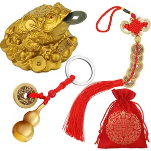 3 count Feng Shui Frog Chinese Knot Lucky  Feng Shui Brass Wu Lou with   for Longevity Travel Safely Wealth Success and Good Luck with 1 Blessing Card and 1 Red Blessing Bag