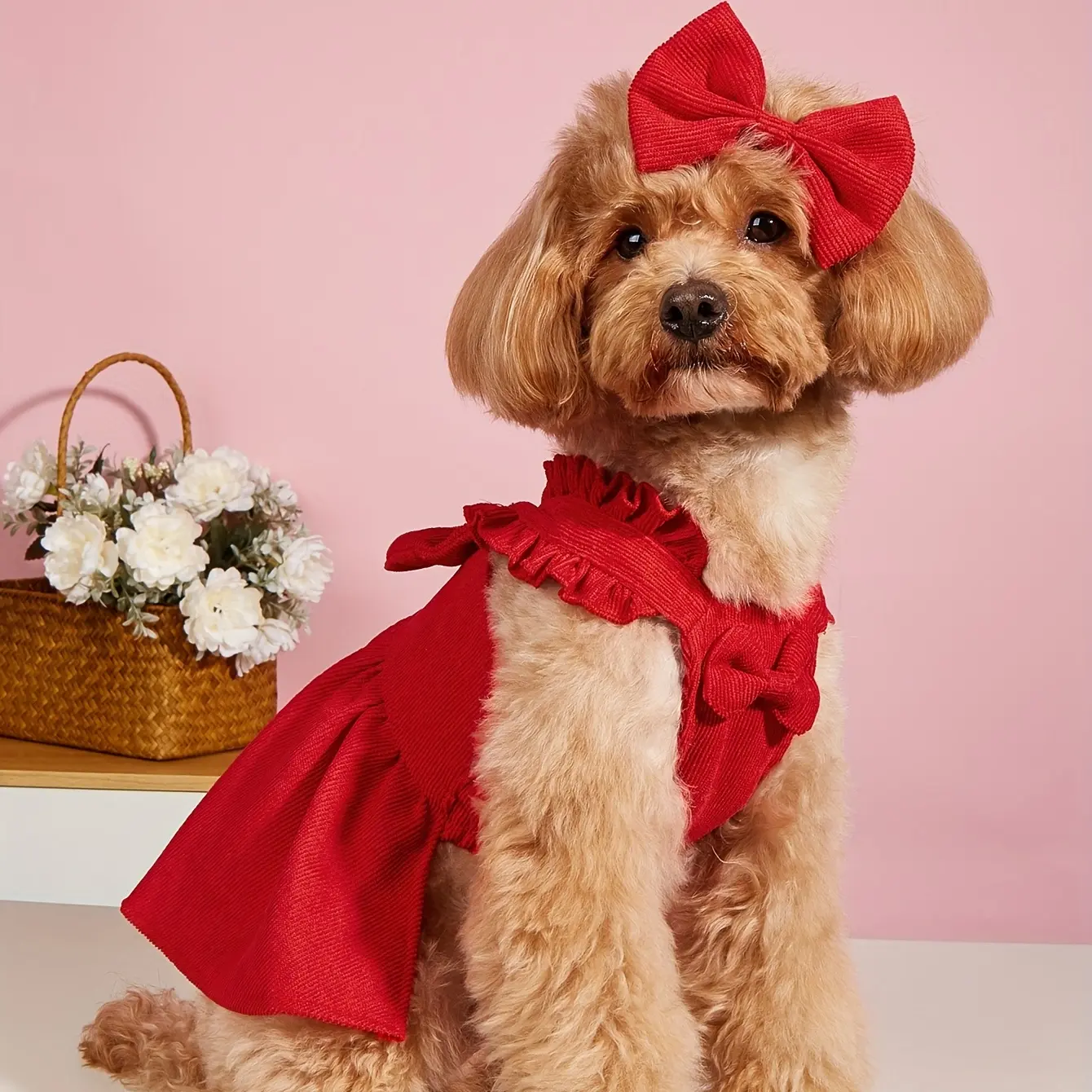 Cute Red Corduroy Bowknot Pet Dress with Matching Hair Clip - Lightweight All-Season Dog Clothes for Small-Medium Dogs, Special Occasions, Size S