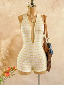 Women's Vacation Knit Texture Wave Fabric Striped Deep V Neck Backless Sleeveless Romper, Fashion Fitted Romper for Parties, Dates, Afternoon Tea, Bohemian Vacation, Beach, Summer, Spring