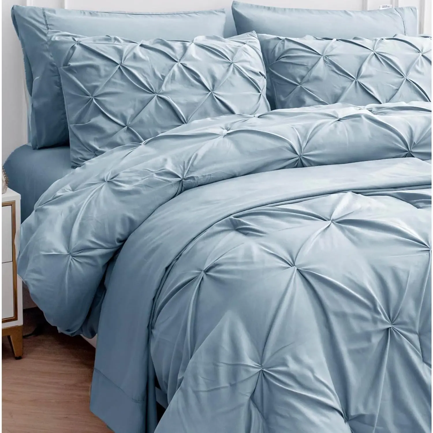 King Size Microfibre Pinch Pleated Comforter Set - 7-Piece Premium Soft Modern Geometric Bedding with Pillowcases, Shams, French Blue