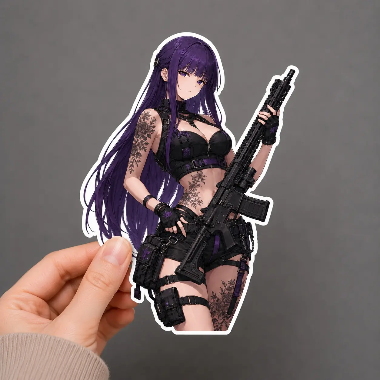 Fern Tactical Waifu Vinyl Sticker, Purple Hair Gothic Floral Anime Girl Decal, Car Laptop Journal Decoration, Otaku Collection