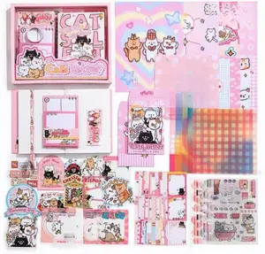 Pink Cute Cat Scrapbooking Kit,Kawaii Stationery Scrapbook Supplies Kit with Cat and Dessert Theme for Junk Journal, Bullet A6 Grid Notebook for Adult Teen DIY Gift kit