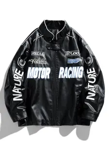 Men's Leather Jacket Spring Autumn Winter Stand Collar Trendy Fashion Motorcycle Embroidered Leather Coat