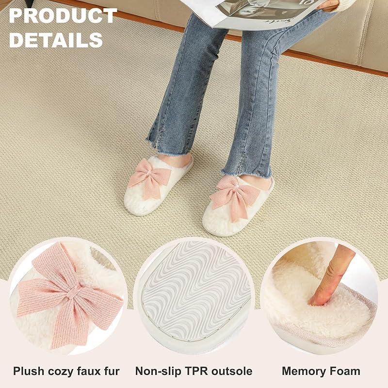 Plush Popular Fuzzy Cute Bow Slippers For Women, Non - Slip, Winter Warm Cozy House Slippers Indoor Outdoor Shoes Girl Footwear
