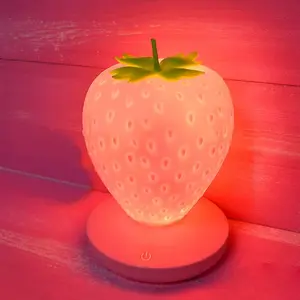 Cute Silicone Strawberry LED Night Light Bedside Color Changing Lamp with 3 Touch Modes for Birthday Christmas
