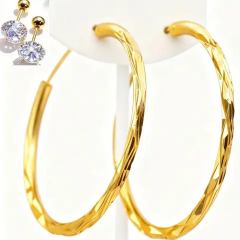 Women's 4cm/1.57in Large Circular Hoops Shape Earrings - Durable Copper Chunky Trendy Fashionable Jewelry, Lightweight Bold Accessories for Adult Females, Daily-Casual Wear Gold Accent, Free Gift