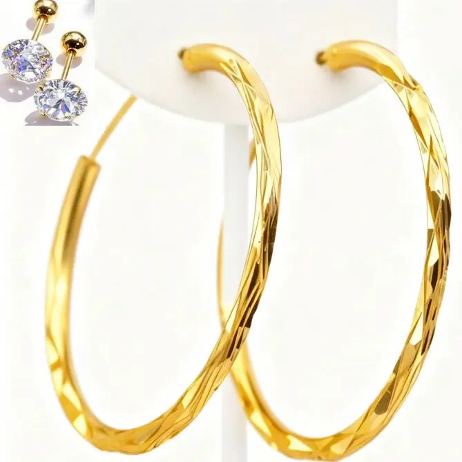 Women's 4cm/1.57in Large Circular Hoops Shape Earrings - Durable Copper Chunky Trendy Fashionable Jewelry, Lightweight Bold Accessories for Adult Females, Daily-Casual Wear Gold Accent, Free Gift