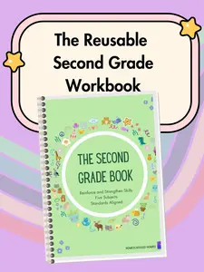 The Second Grade Reusable Workbook! 5 Subjects- Language Arts, Math, Science, Social Studies, and Spanish! Standards based and aligned. 24 pages!